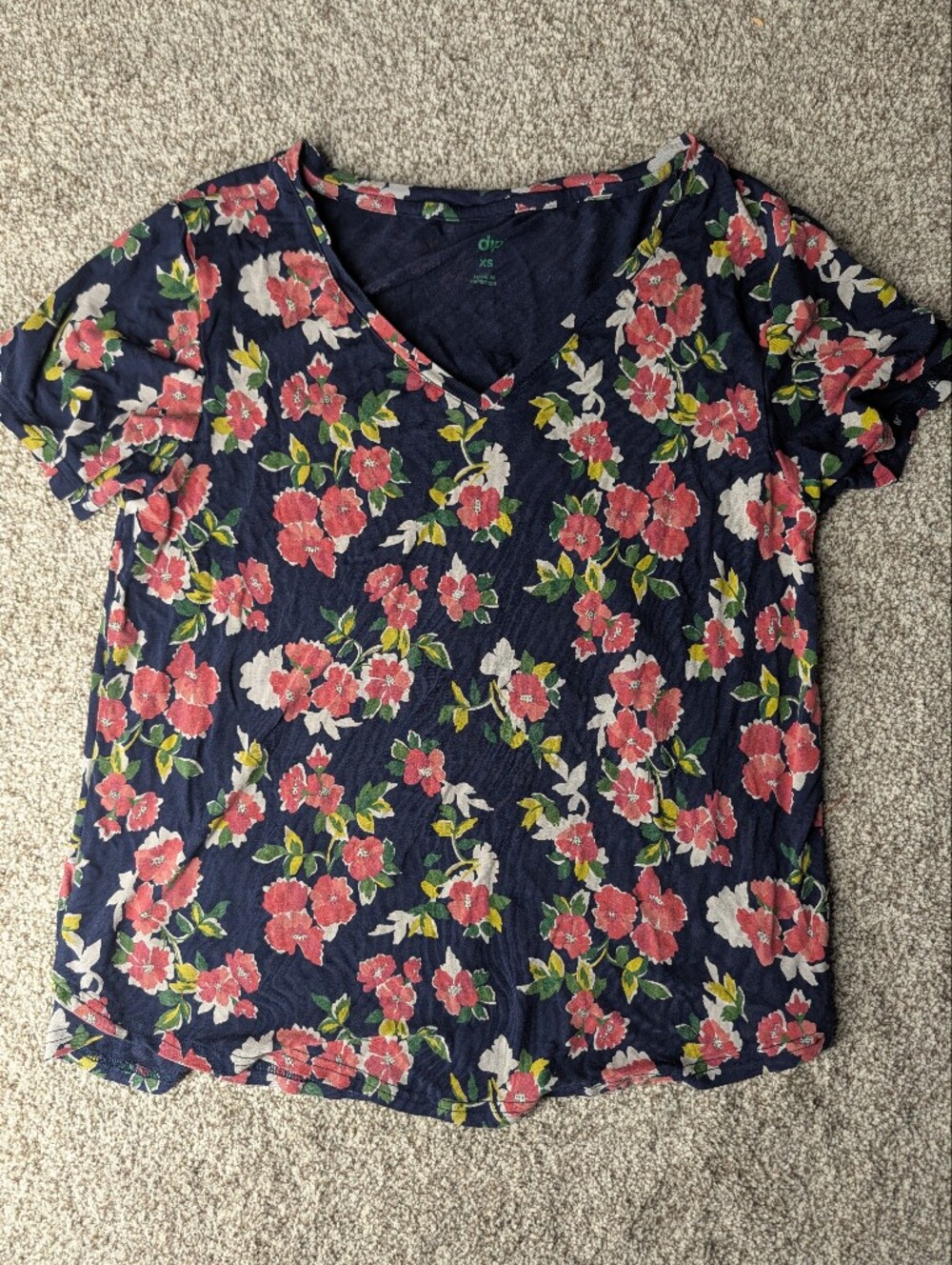 dip Navy V-Neck Short Sleeve Top with Pink Floral Print